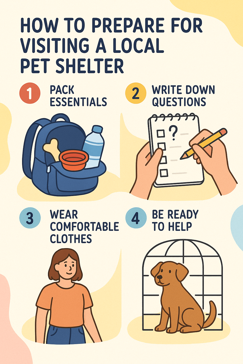 Step by step guide preparing to visit pet shelters near me with illustrated icons