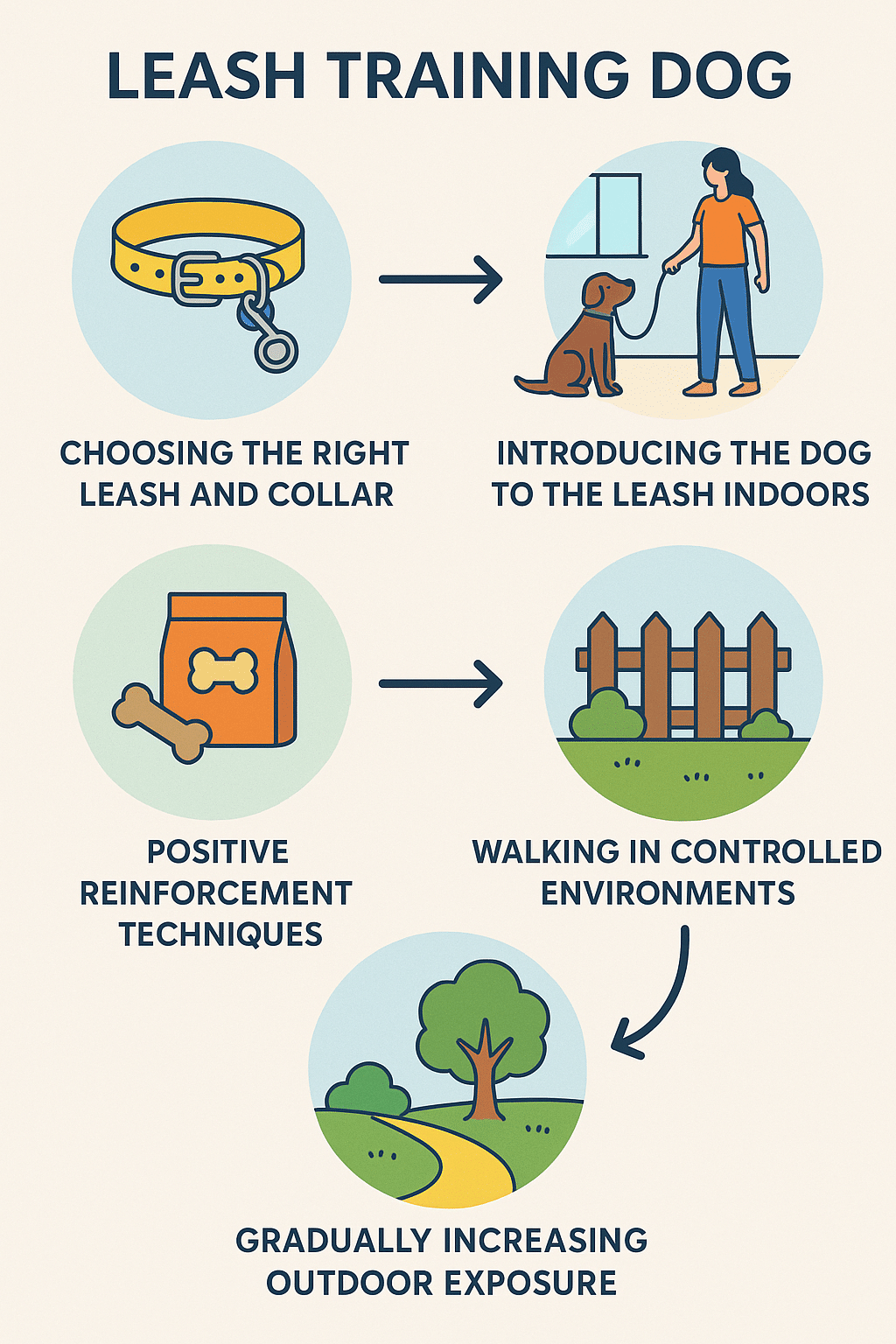 Step by step infographic flowchart for leash training a dog with clear stages and icons