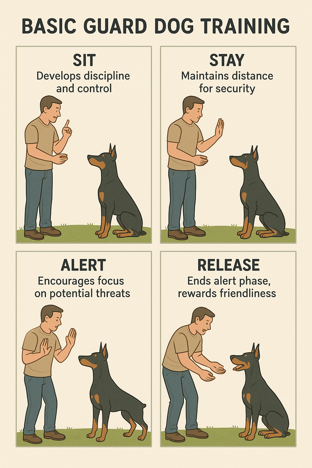 Step by step training guide for guard dog breeds with commands to promote safety and obedience