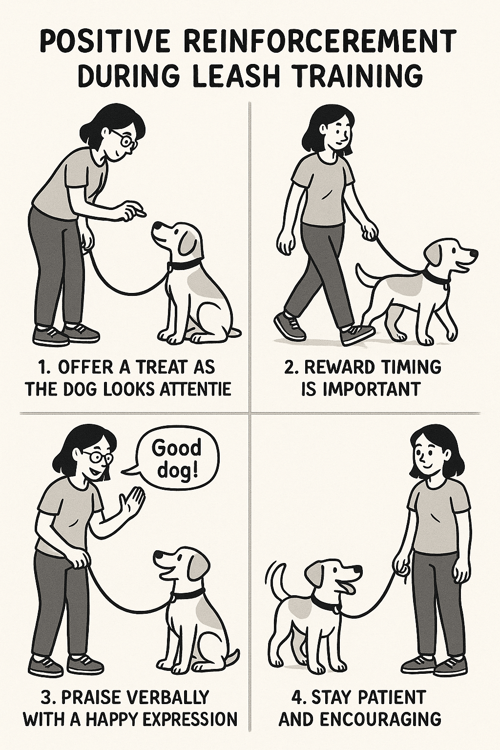 Step by step visual guide to positive reinforcement techniques in leash training a dog with treats