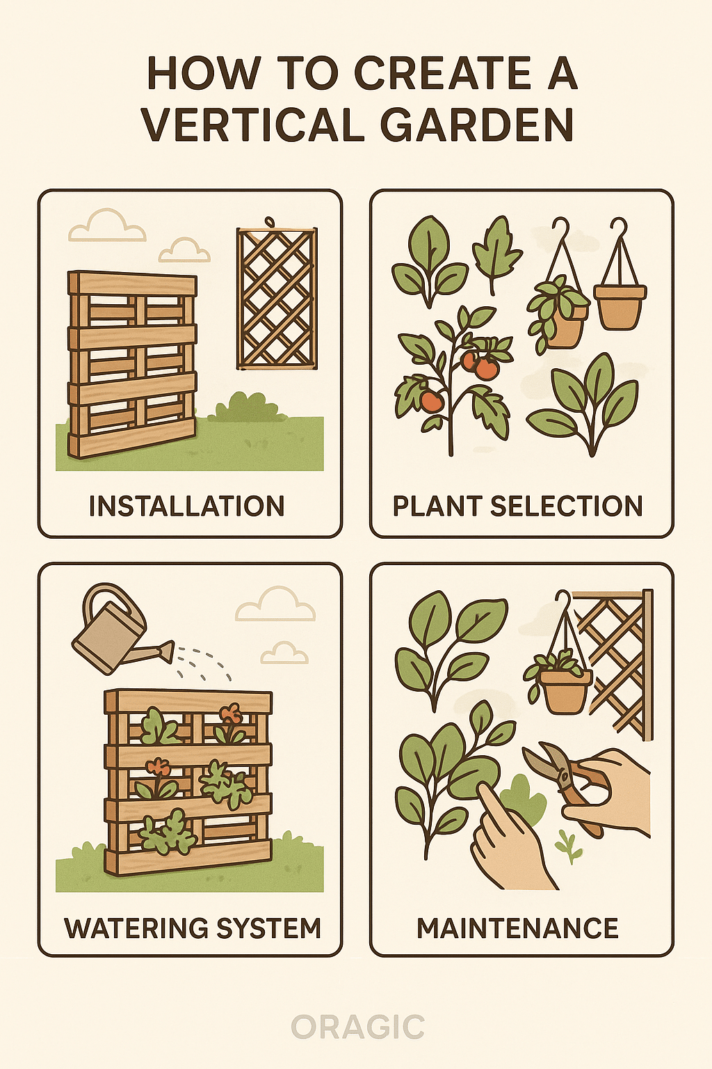 Stepwise illustration guide for building a vertical garden in a small backyard design setting