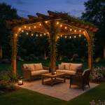 Stunning backyard pergola ideas showing a wooden pergola with string lights and outdoor seating at twilight.