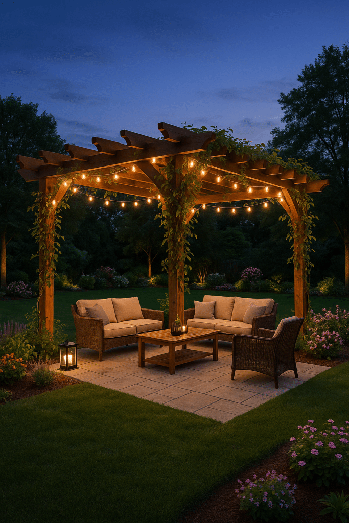 Stunning backyard pergola ideas showing a wooden pergola with string lights and outdoor seating at twilight.