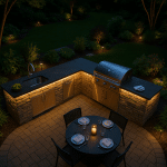 Stunning outdoor kitchen design in a lush backyard with glowing lights, grill island, and cozy dining area for homeowners.