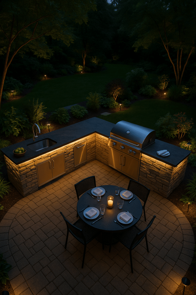 Stunning outdoor kitchen design in a lush backyard with glowing lights, grill island, and cozy dining area for homeowners.