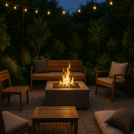 Stylish backyard fire pit with diverse seating and ambient lighting, perfect for creative outdoor living ideas.