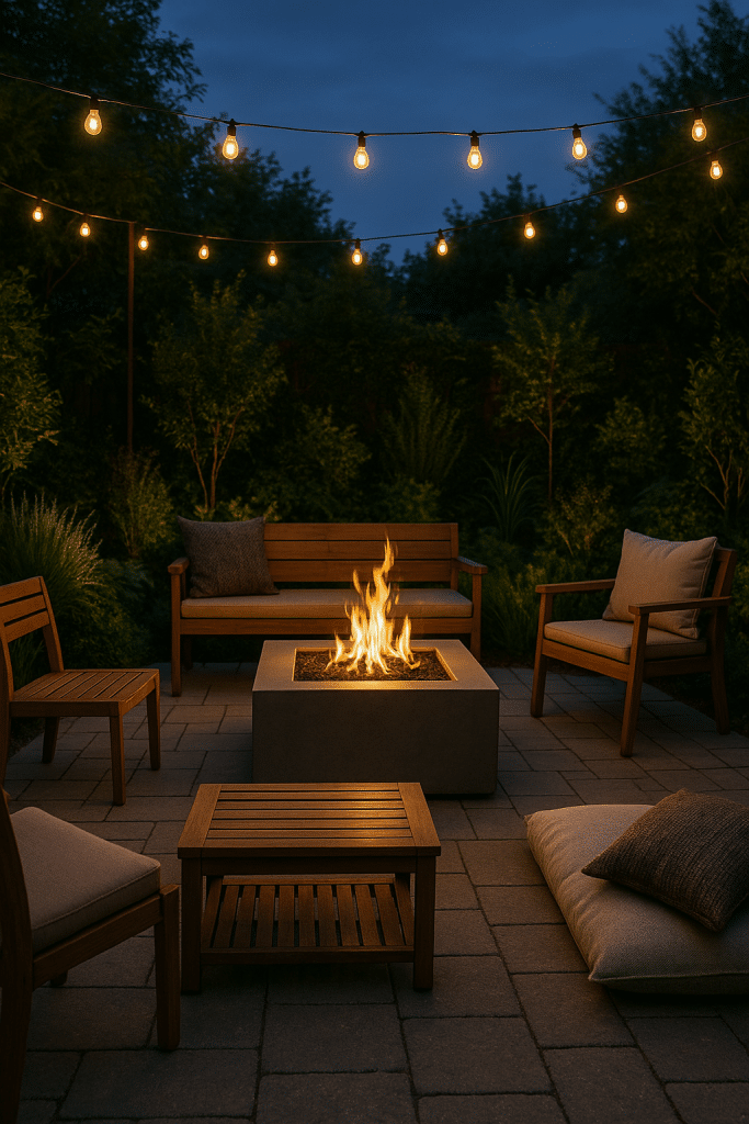 Stylish backyard fire pit with diverse seating and ambient lighting, perfect for creative outdoor living ideas.