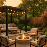 Sunlit backyard with modern pergola and lounge area showcasing creative backyard design ideas.