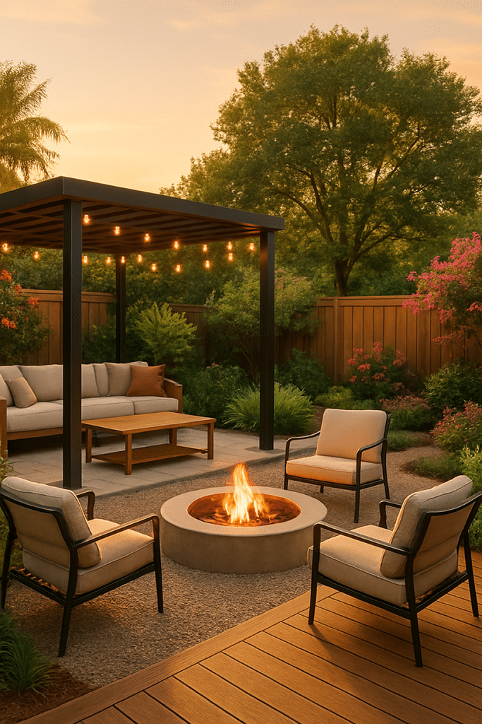 Sunlit backyard with modern pergola and lounge area showcasing creative backyard design ideas.