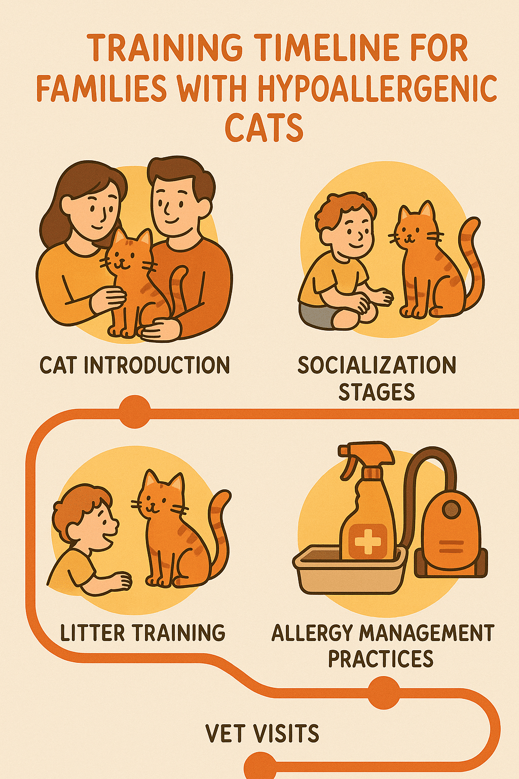Timeline infographic showing training and care steps for hypoallergenic cats in families