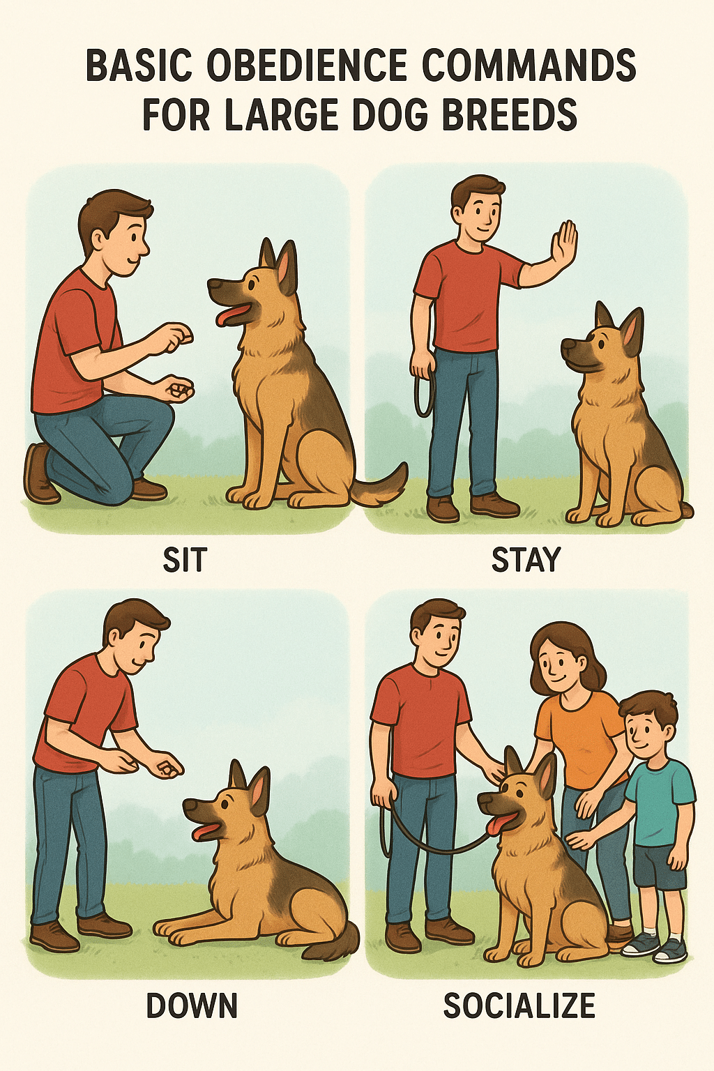 Training diagram for large dog breeds demonstrating obedience commands for families and pet owners