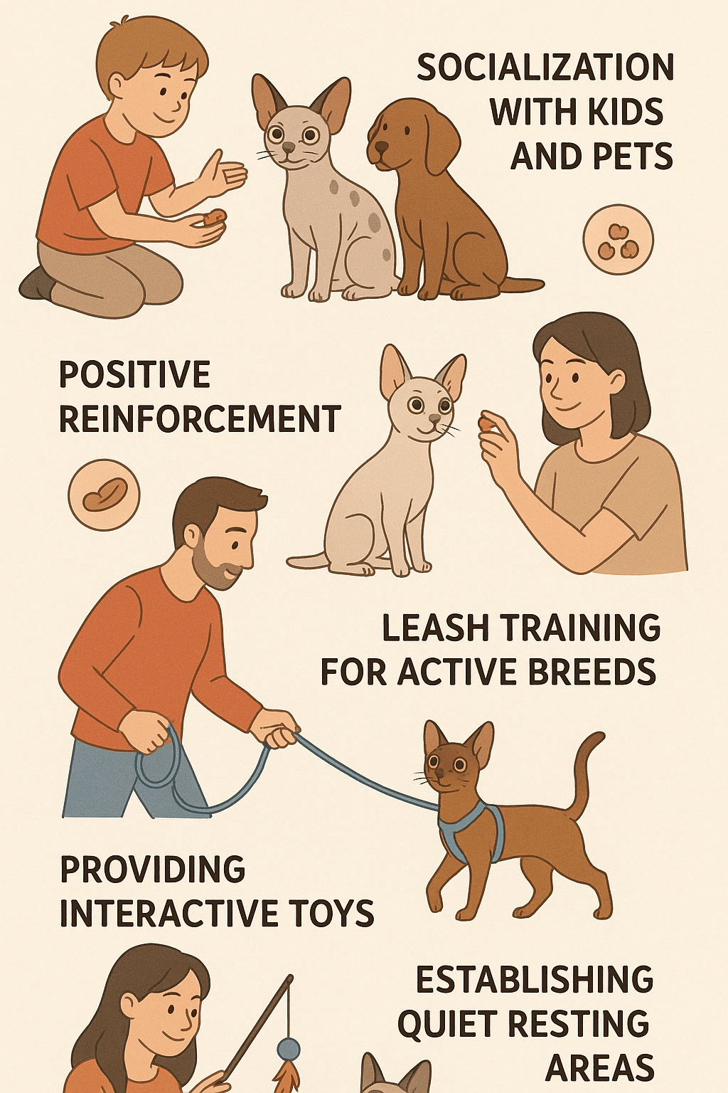 Training guide infographic for pet owners introducing rare cat breeds to families