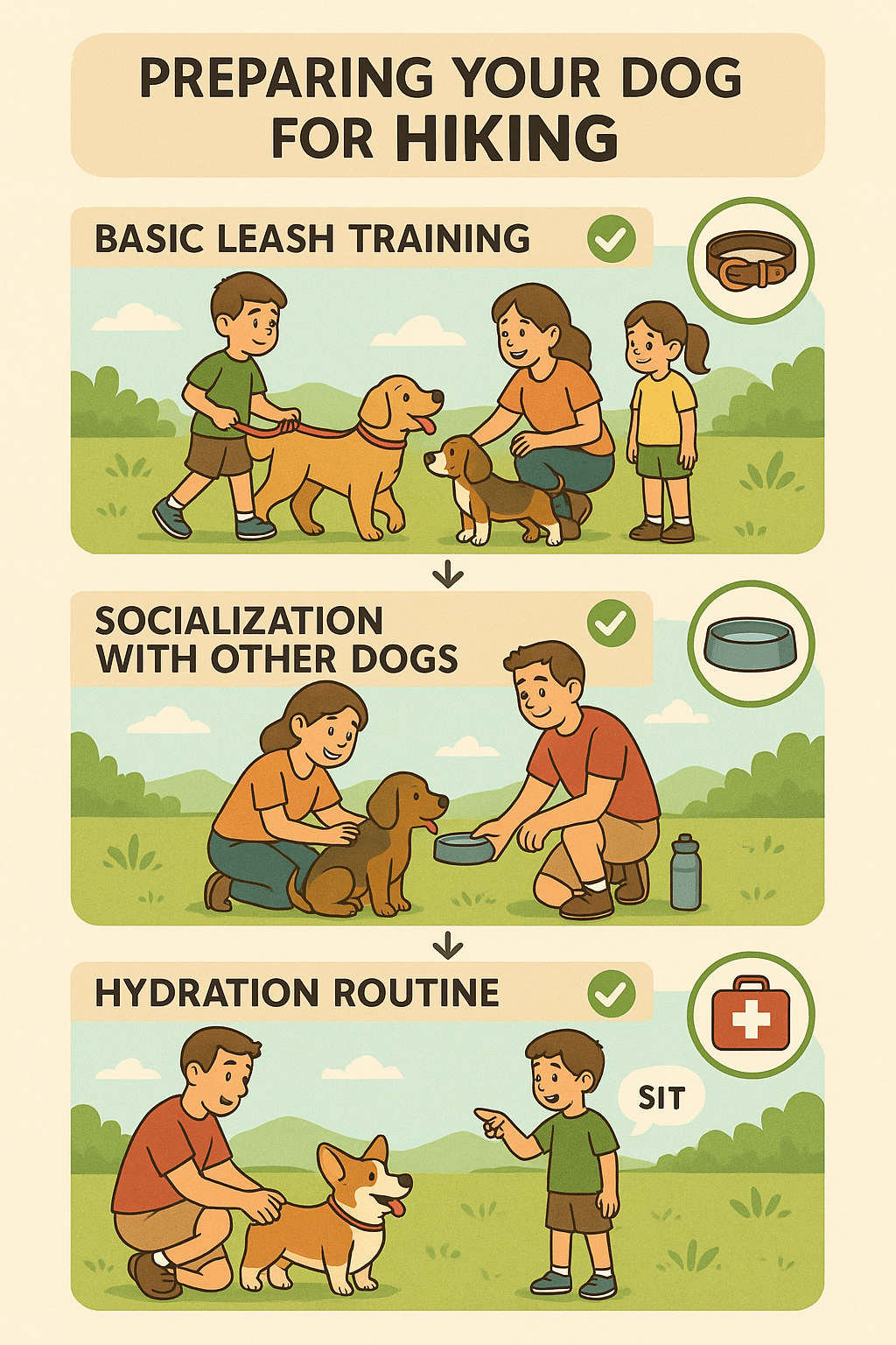 Training infographic for pet owners on prepping dogs for hiking on dog friendly trails