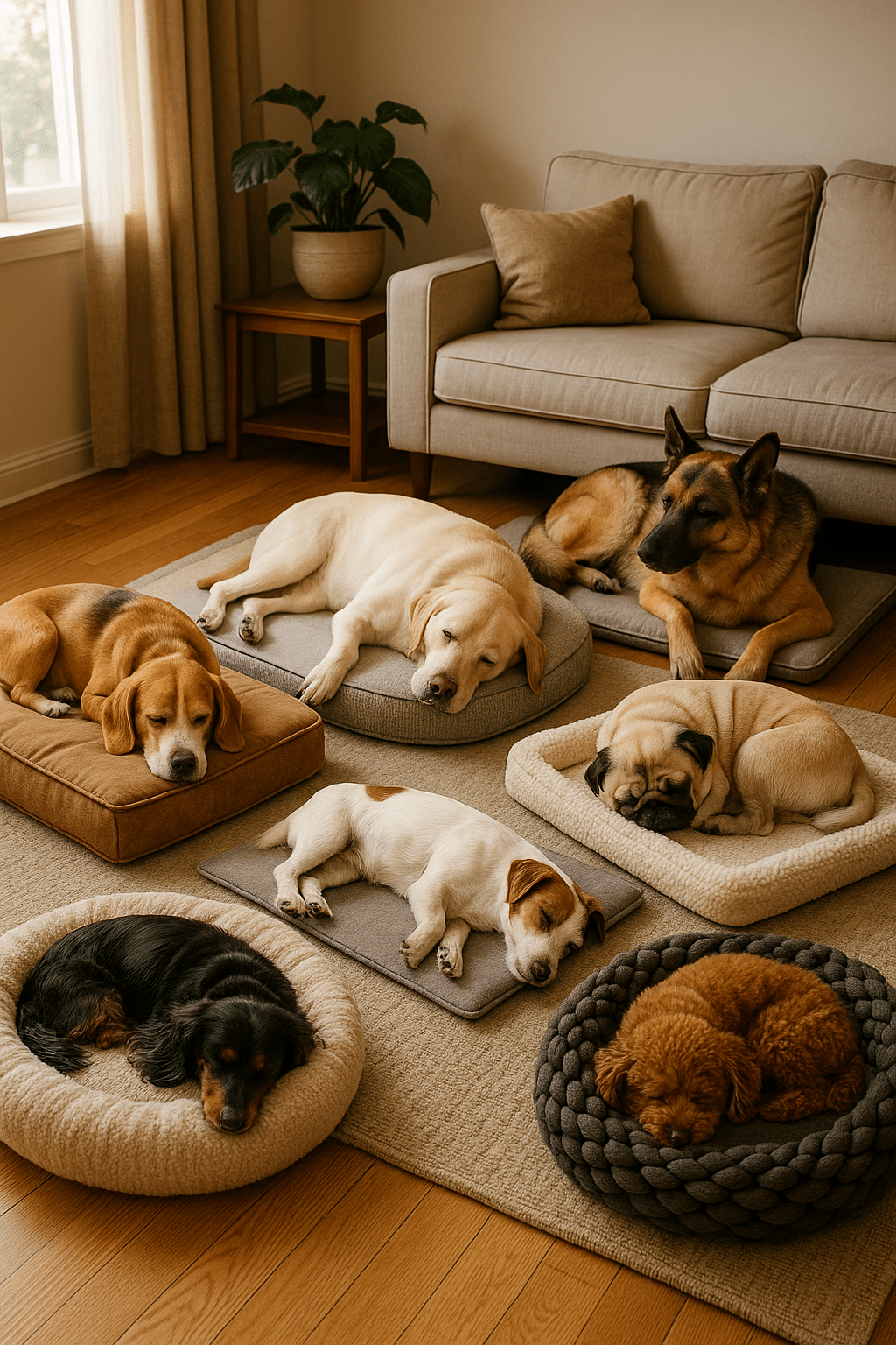 Variety of dogs resting on different sized best dog beds cozy home scene