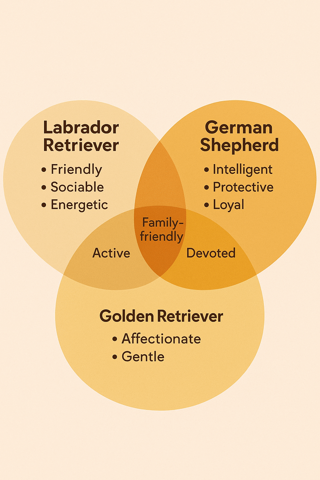 Venn diagram comparing traits of most popular dog breeds for families seeking guidance