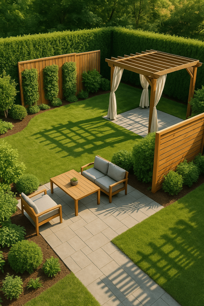 Vibrant backyard combining multiple creative privacy ideas for a private outdoor living space.