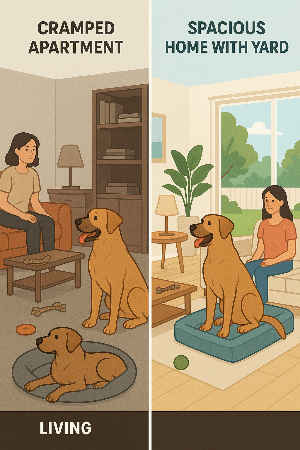 Visual comparison of indoor space needs for large dog breeds for families considering pet adoption