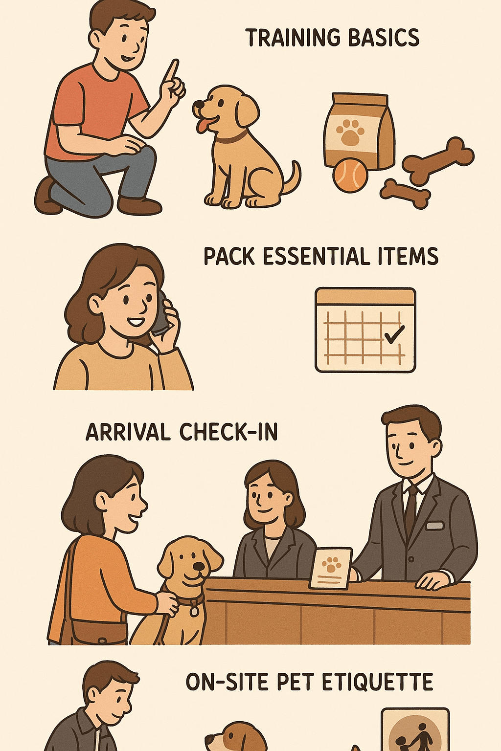 Visual guide for pet owners on preparing pets for stays at pet friendly hotels