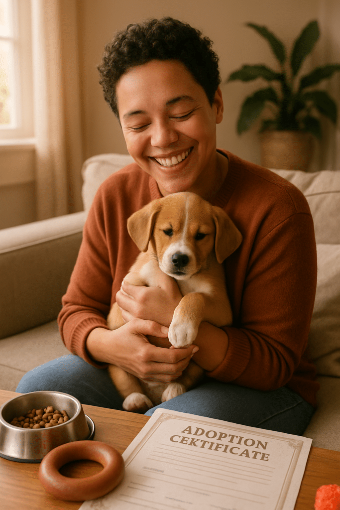 Warm scene of person holding adopted puppy symbolizing pet adoption near me and care