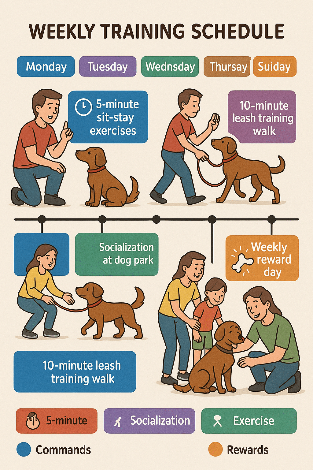 Weekly dog obedience training schedule timeline for pet owners and families