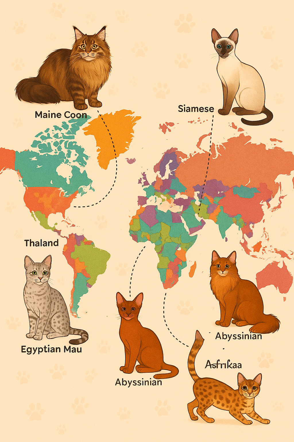 World map highlighting the origin of exotic cat breeds for pet owners and families