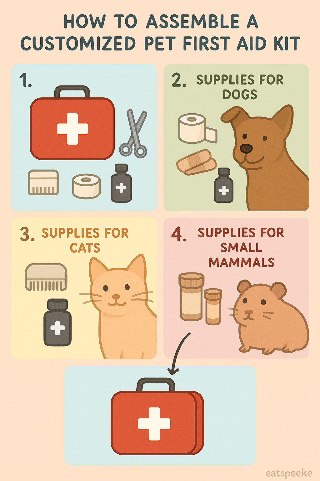 assembling pet first aid kit for different pets with labeled compartments and supplies