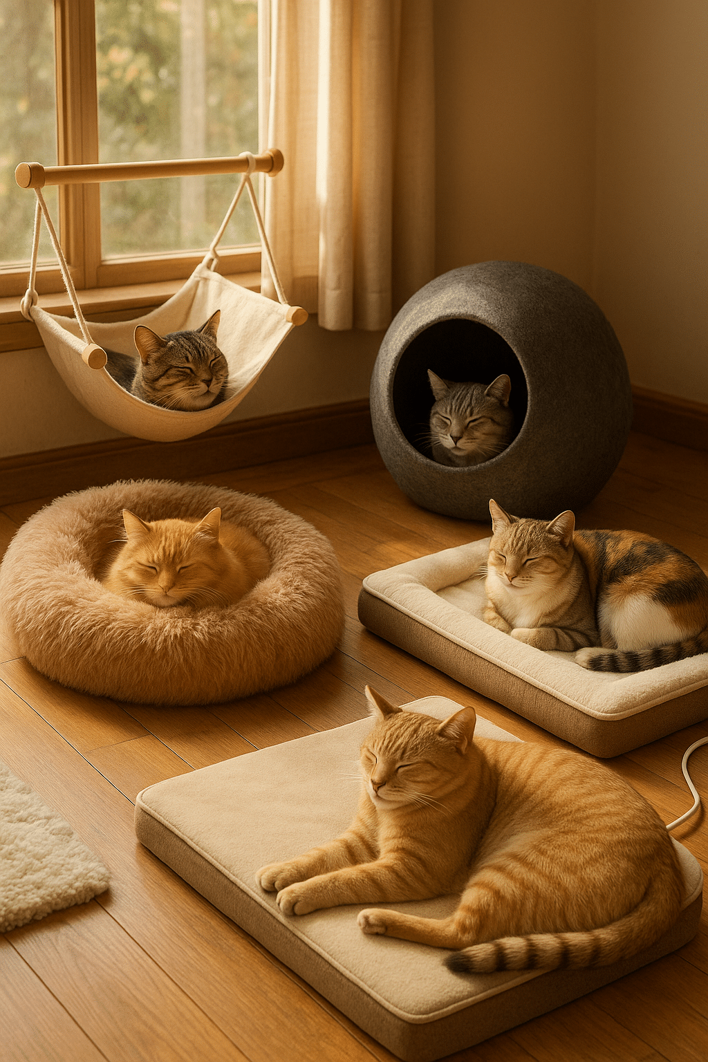 best cat beds displayed with different styles and happy cats resting indoors
