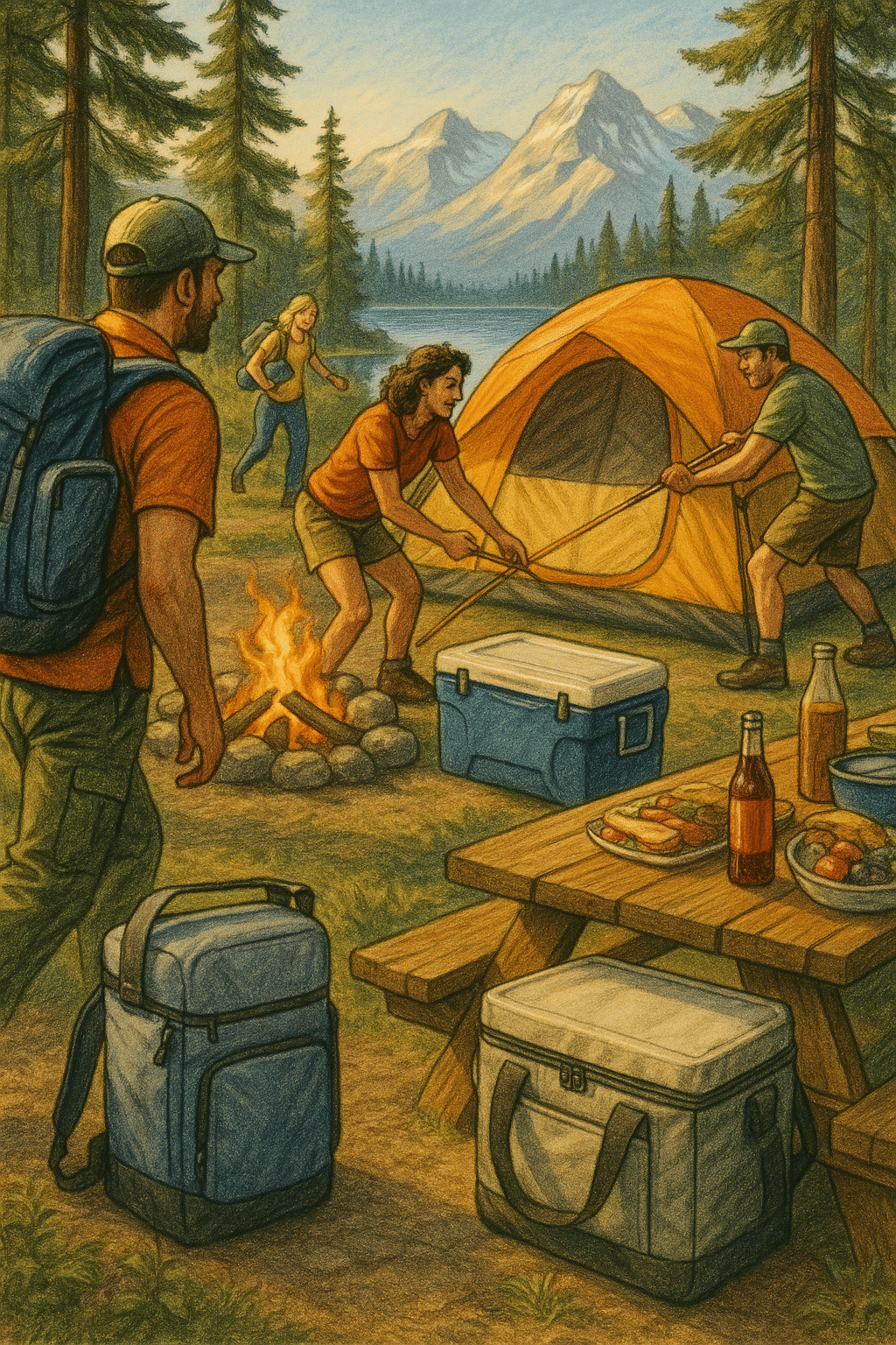 best coolers for camping real life use with campers and different cooler types at camp