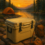 best coolers for camping rugged outdoor adventure scene with cooler by lake at sunset