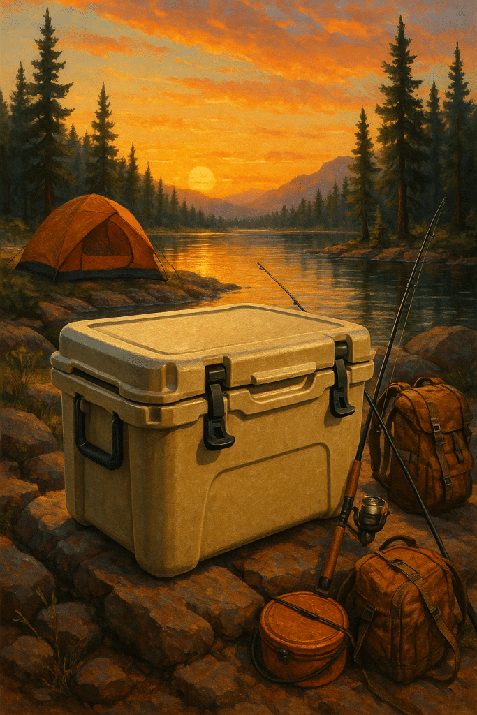 best coolers for camping rugged outdoor adventure scene with cooler by lake at sunset
