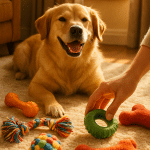 best dog toys scattered around happy dog and caring pet owner indoors