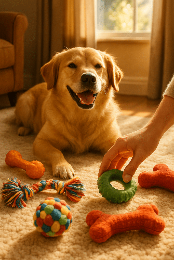 best dog toys scattered around happy dog and caring pet owner indoors