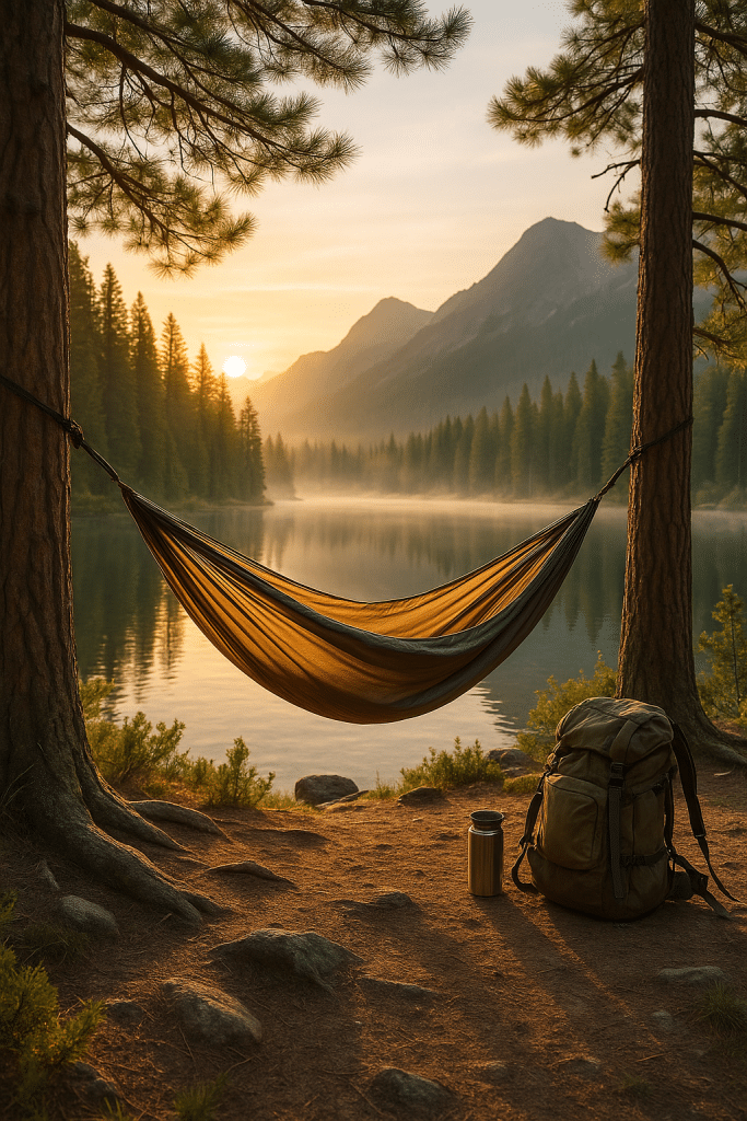 best hammocks for outdoors in scenic mountain lake setting with pine trees sunrise