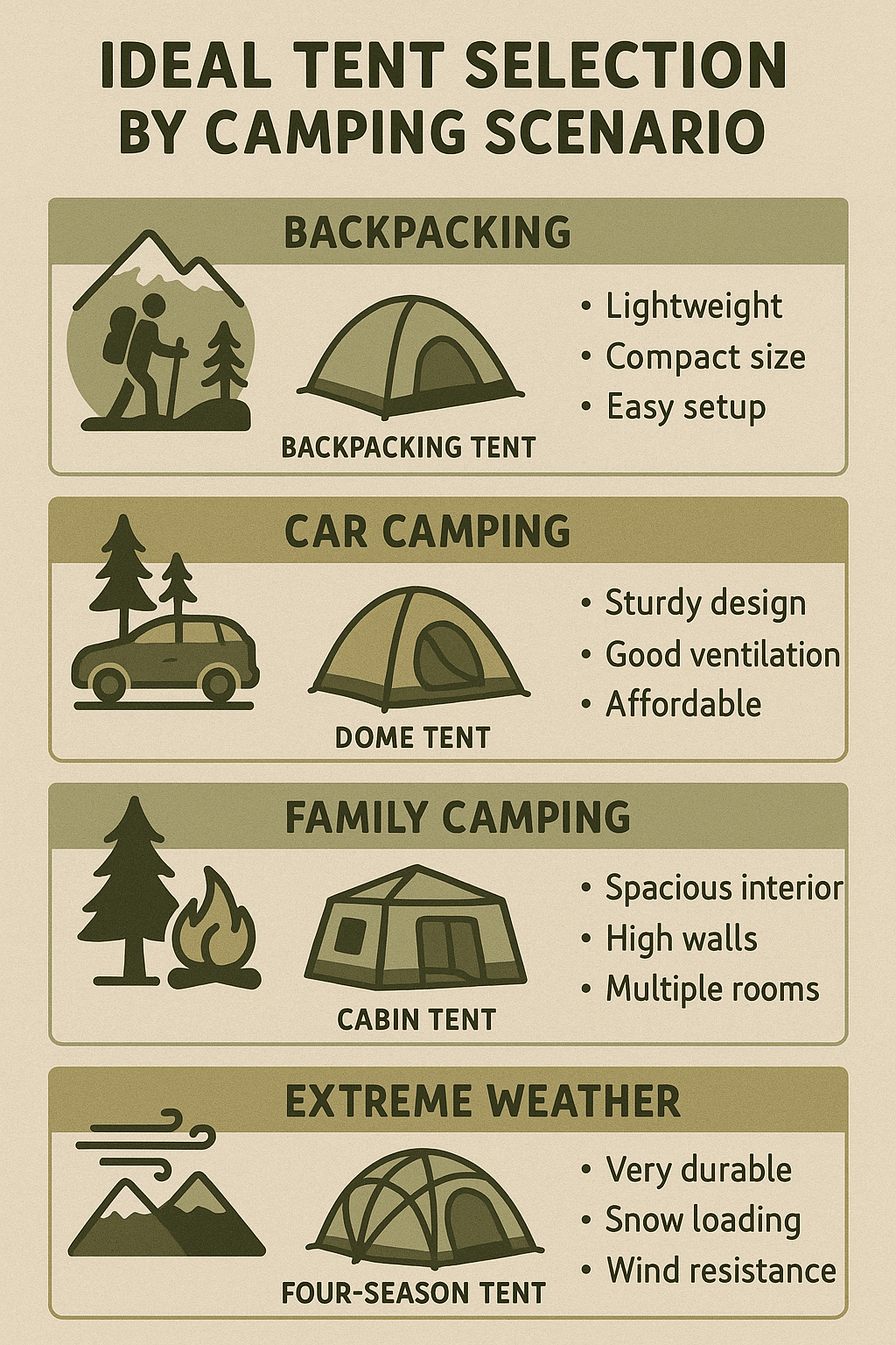 best tents for camping infographic showing tent types by camping scenarios
