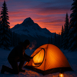 camper setting up tent on snowy mountain at twilight showcasing winter camping essentials and adventure