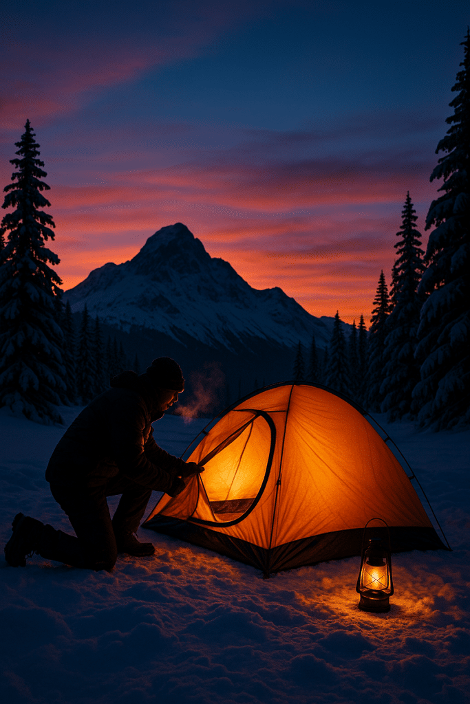 camper setting up tent on snowy mountain at twilight showcasing winter camping essentials and adventure