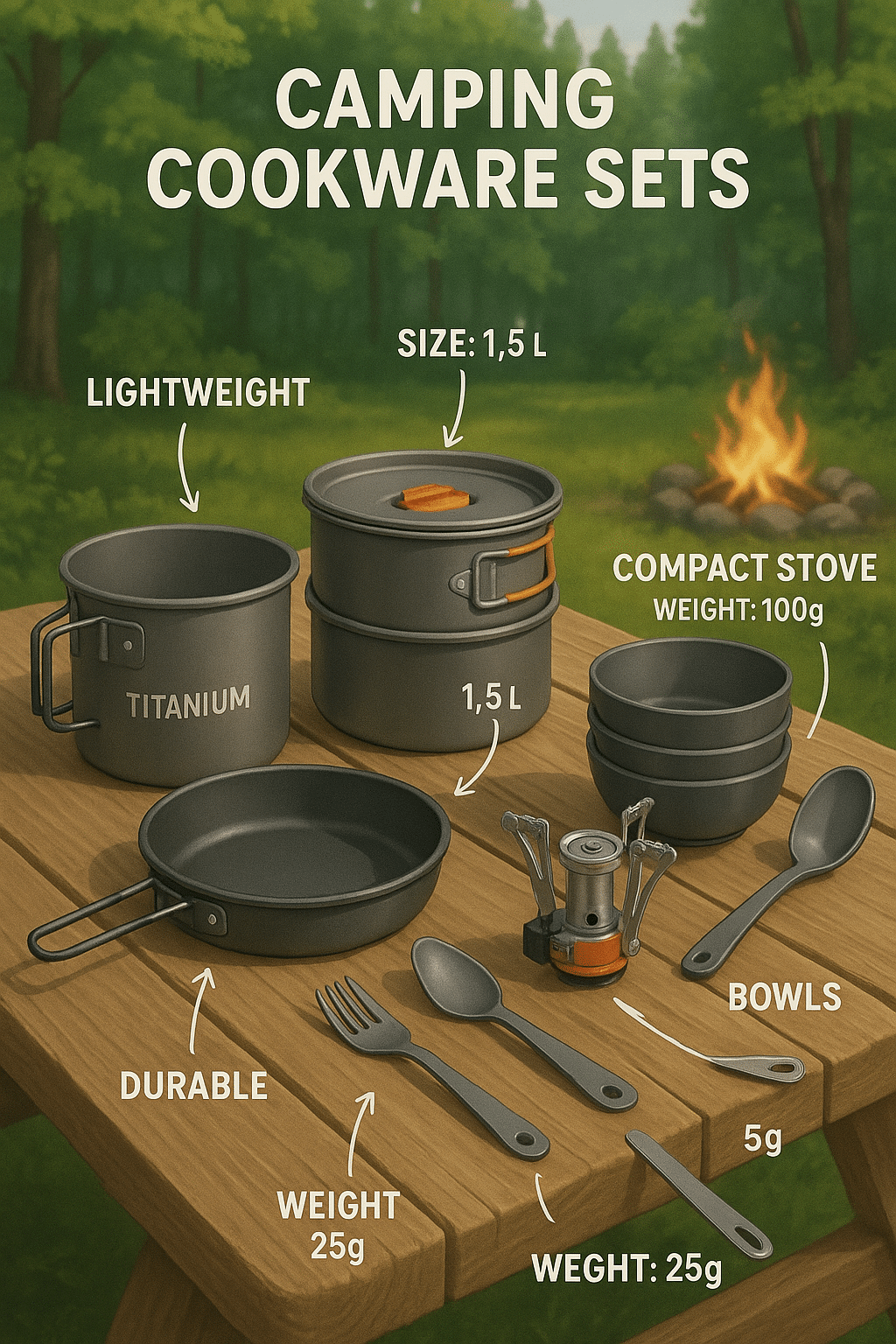 camping cookware sets displayed on picnic table with labels showing materials and features