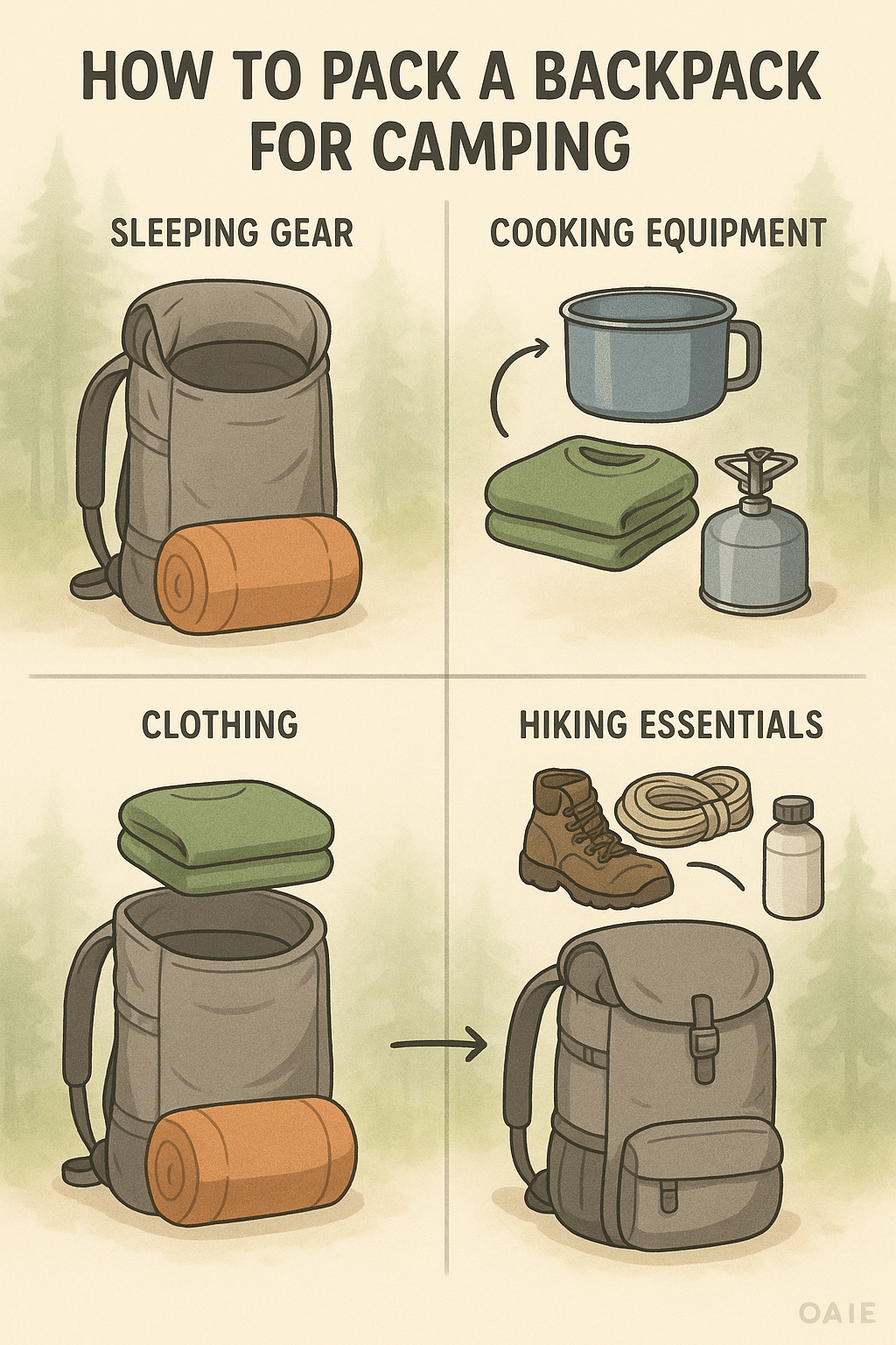 camping gear essentials backpack packing guide with labeled sections and layering tips