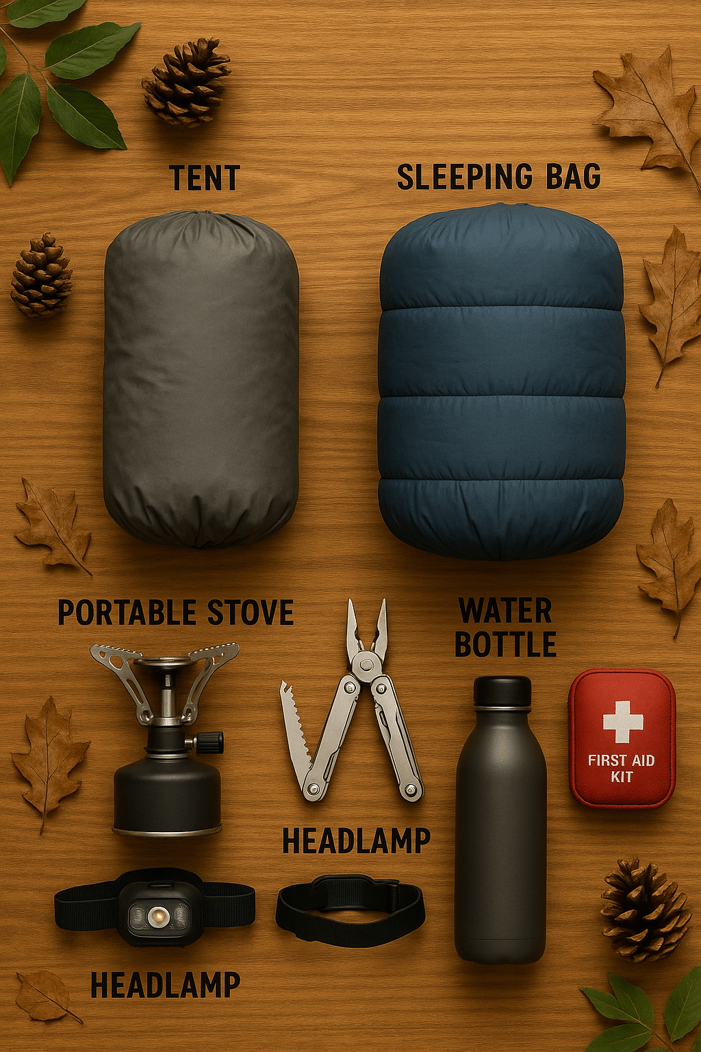 camping gear essentials flat lay showing tent sleeping bag stove multitool and first aid kit