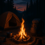 camping gear essentials glowing campfire tent and gear in twilight forest scene