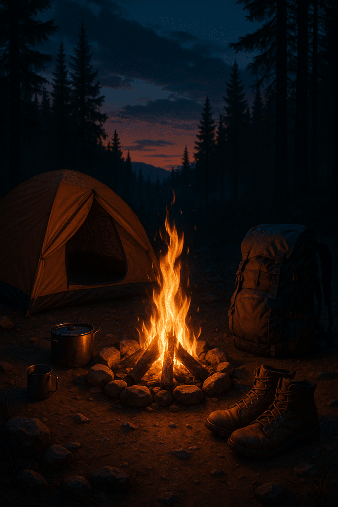 camping gear essentials glowing campfire tent and gear in twilight forest scene