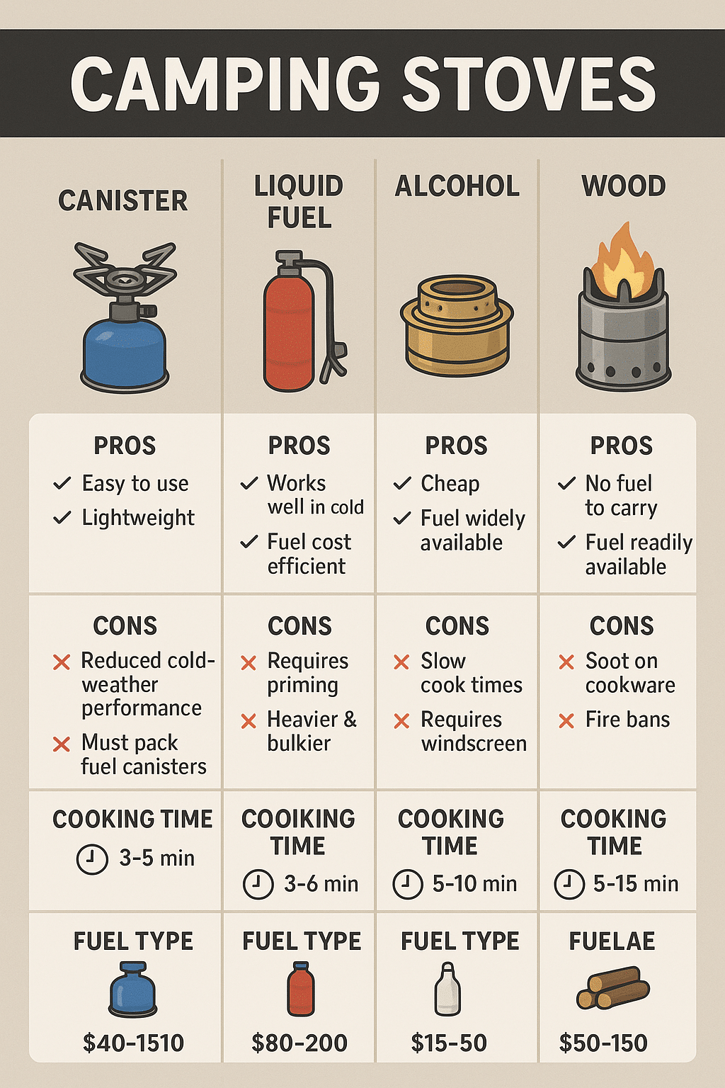 camping gear essentials stove and fuel options comparison chart with pros cons and cooking times
