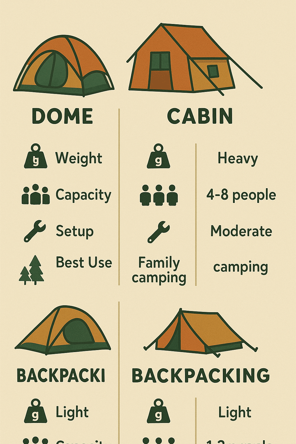 camping gear essentials tent types comparison infographic with weight capacity and setup details