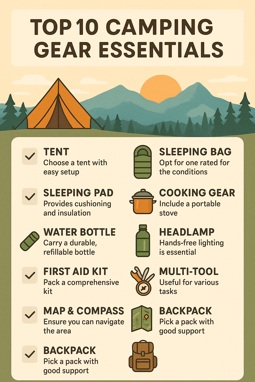 camping gear essentials top ten checklist infographic with mountain sunrise background