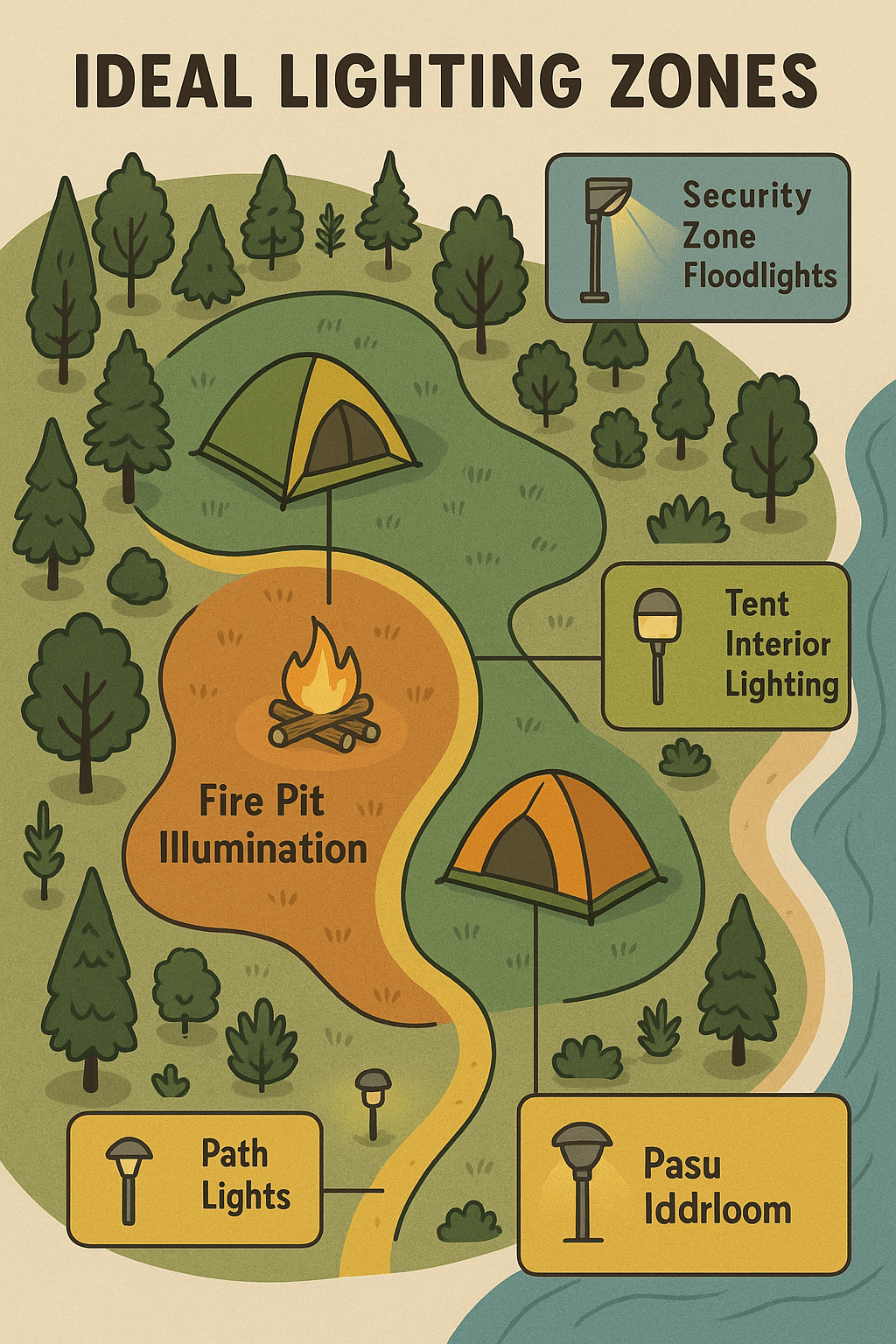 campsite map highlighting strategic outdoor lighting ideas for fire pit tent and paths