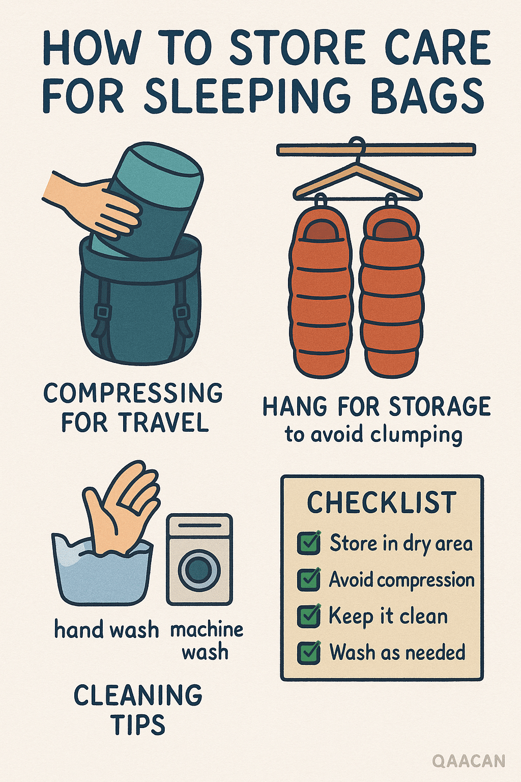 care and storage infographic for best sleeping bags showing maintenance tips for longevity