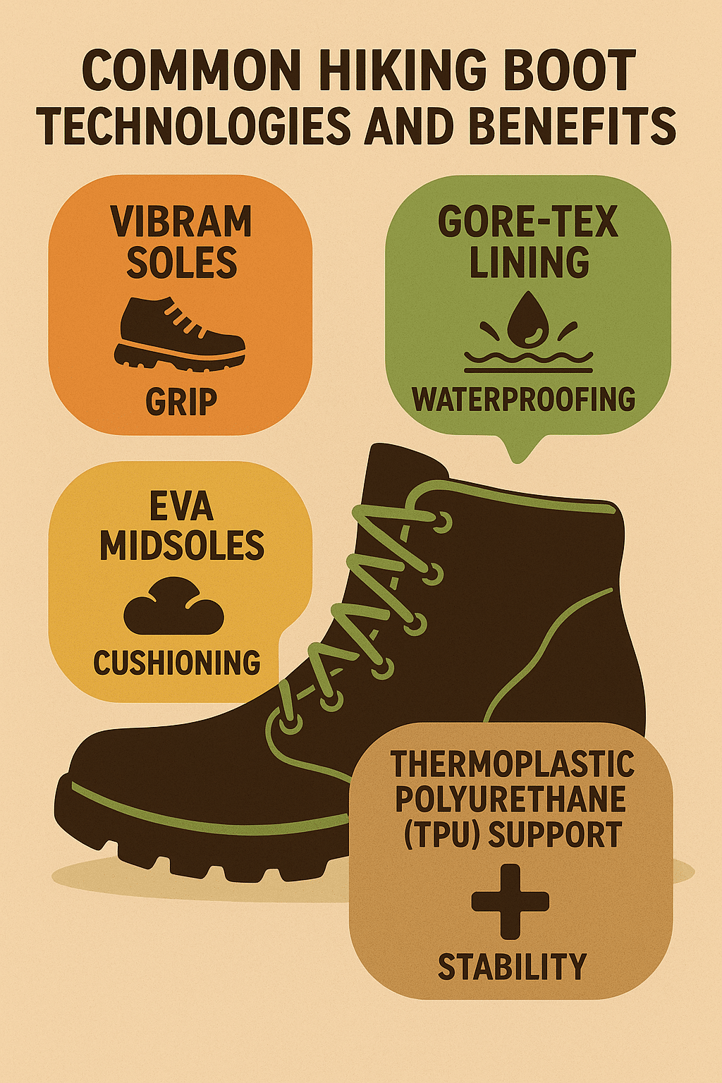chart of hiking boots technologies showing benefits like grip cushioning waterproofing and stability