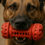 close up of dog holding indestructible dog toy symbolizing toughness and reliability