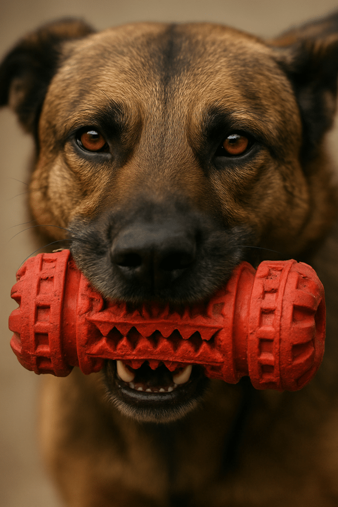 close up of dog holding indestructible dog toy symbolizing toughness and reliability