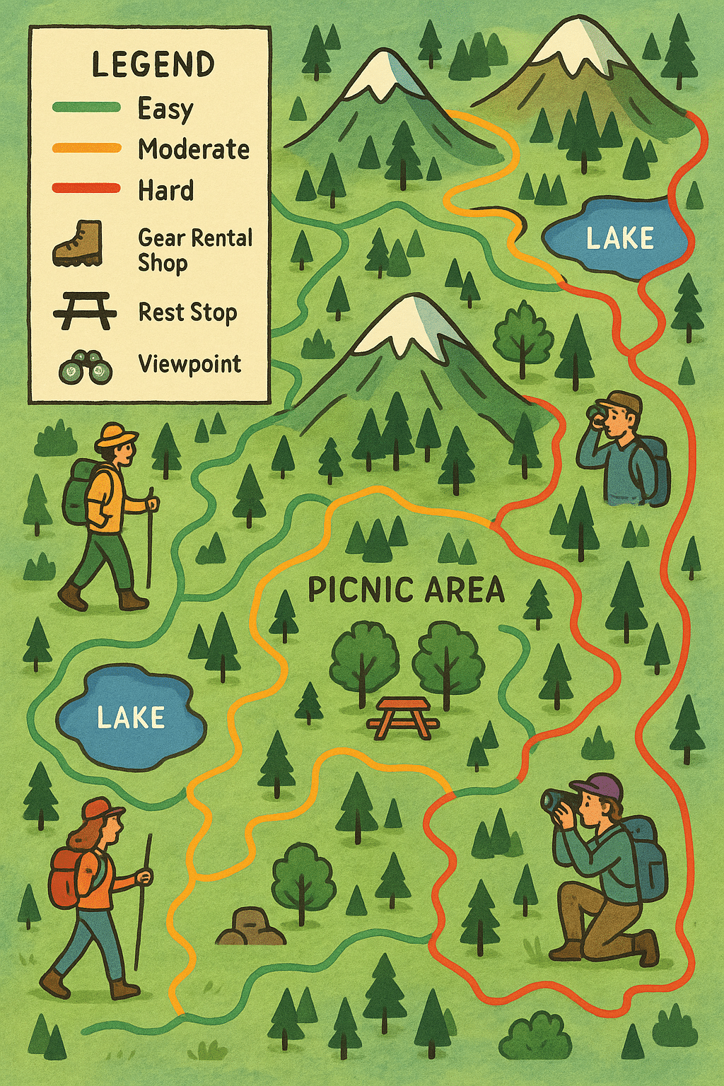 colorful map highlighting hiking trails near me with difficulty levels and landmarks